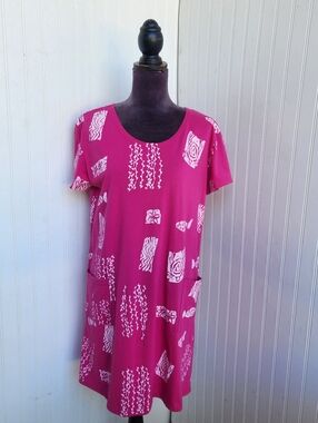 Island Beach Women Short Sleeve Dress Pink White Print Cotton Blend Sz  L